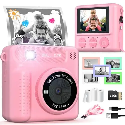 Produktbild: TERRAMUS Kinderkamera Sofortbildkamera, Digitalkamera für Kinder mit Druckpapier,32G Karte & 5 Fotorahmen, 1080P 2,4 Zoll Bildschirm Sofortbildkamera Kinder VideoKamera Geschenk für Kinder 3-14 Jahren