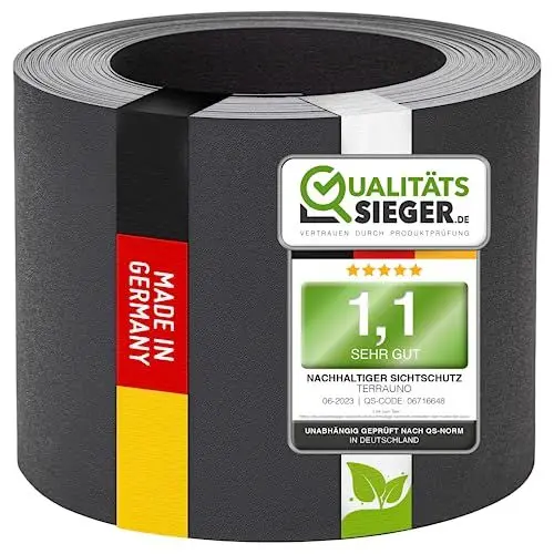 Produktbild: TerraUno Nachhaltige Sichtschutzstreifen für Doppelstabmatten, Polypropylen, Made in Germany, RAL 7016 Anthrazit, 26m x19cm Rolle, extra stabil, Lederoptik, Zaun Sichtschutz mit UV-Beständigkeit