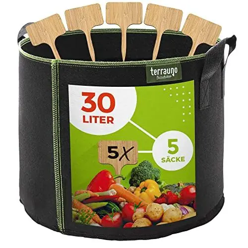 Produktbild: TerraUno - Pflanzsack aus Vliesstoff (5 Stück) I Pflanzentasche 30 Liter I Pflanzentasche zur Anzucht von Kartoffeln, Tomaten, Erdbeeren & Co