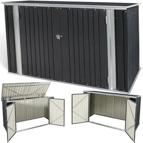 Produktbild: TERRE JARDIN Gartenhaus mit Doppeltür, Aufbewahrungsbox aus grauem verzinktem Stahl, Metallbox für Fahrräder und Werkzeuge, Mülltonnenabdeckung mit Schiebedach, 210 x 130 x 105 cm