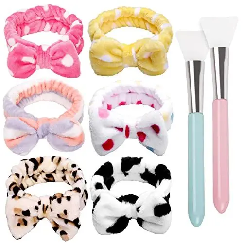Produktbild: TERSE Haarband Schminken Damen Mädchen Bowknot Kosmetik Stirnband mit 2 Stück Silikon Maskenpinsel Süße Korallenrot Fleece für SPA Waschen Gesicht, 6 Stück