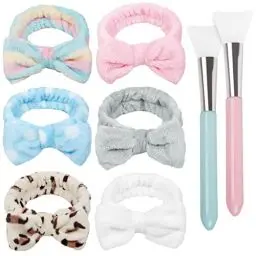 Produktbild: TERSE Haarband Schminken Damen Mädchen Bowknot Kosmetik Stirnband mit 2 Stück Silikon Maskenpinsel Weich Korallenrot Fleece für SPA Waschen Gesicht, 6 Stück