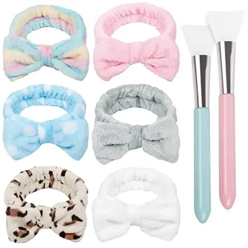 Produktbild: TERSE Haarband Schminken Damen Mädchen Bowknot Kosmetik Stirnband mit 2 Stück Silikon Maskenpinsel Weich Korallenrot Fleece für SPA Waschen Gesicht, 6 Stück