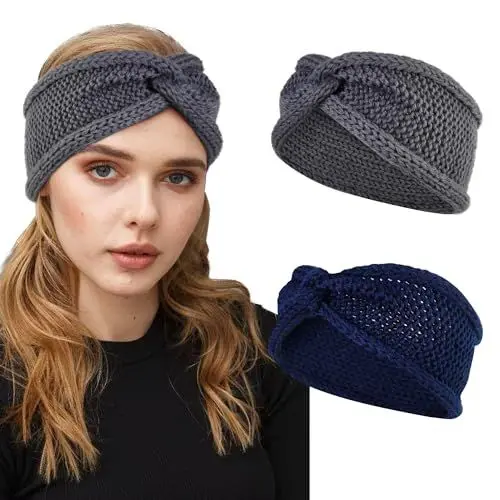 Produktbild: TERSE Winter Stirnbänder für Frauen, 2 Stück Elastische Mode Haarband Ohrwärmer, BreitTurban Gestrickt Verdicken Headwrap Kopfband für Frauen Mädchen Skifahren