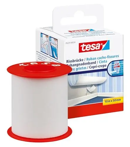 Produktbild: tesa Rissbrücke - Hochelastisches, selbstklebendes Reparaturband zum Überdecken von Bohrlöchern und Rissen im Putz - ganz ohne Spachteln - 10 m x 50 mm