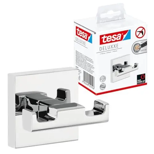Produktbild: tesa DELUXXE Doppel-Handtuchhaken, verchromt - Bad-Haken mit doppelter Aufhänge-Lösung, zur Wandbefestigung ohne Bohren, inkl. Klebelösung - 60mm x 50mm x 44mm