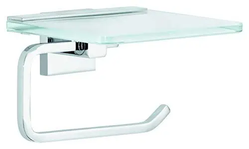 Produktbild: tesa DELUXXE Toilettenpapierhalter mit Ablage aus Milchglas, verchromte Halterung - zur Wandbefestigung ohne Bohren, inkl. Klebelösung - 160mm x 99mm x 139mm