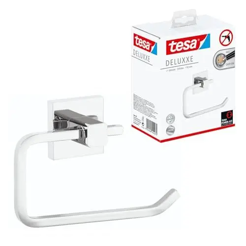 Produktbild: tesa DELUXXE Toilettenpapierhalter ohne Deckel, verchromt - zur Wandbefestigung ohne Bohren, inkl. Klebelösung - 160mm x 99mm x 45mm