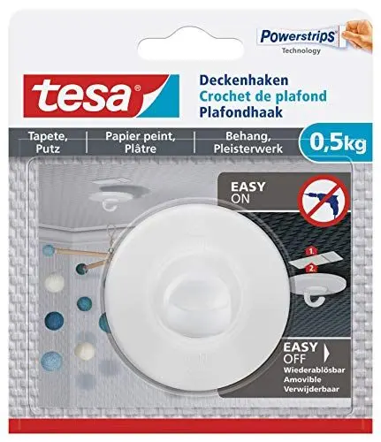 Produktbild: tesa Deckenhaken Tapeten und Putz - Selbstklebender Haken - Ideal Zur Befestigung Von Deko-Objekten - Spurlos Ablösbar, Weiß, 1 x 0,5 Kg