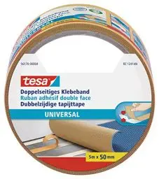 Produktbild: tesa Doppelseitiges Klebeband Universal - Vielseitiges Klebeband für Verpackungen, Deko und Teppiche oder zum Basteln - 5 m x 50 mm