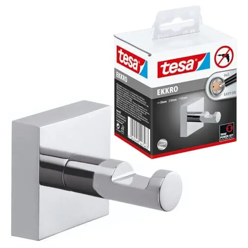 Produktbild: tesa EKKRO Klebehaken, verchromt, runde Form - Bad-Haken zur Wandbefestigung ohne Bohren, inkl. Klebelösung - 52 mm x 41 mm x 41 mm