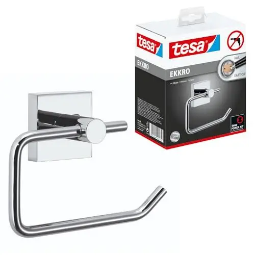 Produktbild: tesa EKKRO Toilettenpapierhalter, verchromt - WC-Rollenhalter zur Wandbefestigung ohne Bohren, inkl. Klebelösung - 53 mm x 140 mm x 99 mm