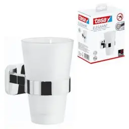 Produktbild: tesa ELEGAANT Zahnputzbecher mit Halterung - Becher aus Milchglas, verchromte Wandhalterung - zur Wandbefestigung ohne Bohren - 80mm x 125mm x 120mm