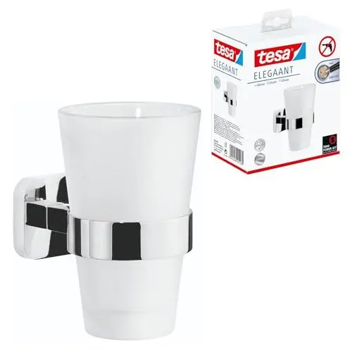 Produktbild: tesa ELEGAANT Zahnputzbecher mit Halterung - Becher aus Milchglas, verchromte Wandhalterung - zur Wandbefestigung ohne Bohren - 80mm x 125mm x 120mm