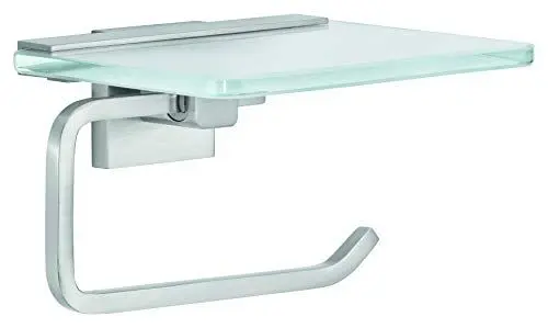 Produktbild: tesa EXXCLUSIV Toilettenpapierhalter mit Ablage aus Milchglas, verchromte Halterung - zur Wandbefestigung ohne Bohren, inkl. Klebelösung - 160mm x 99mm x 139mm