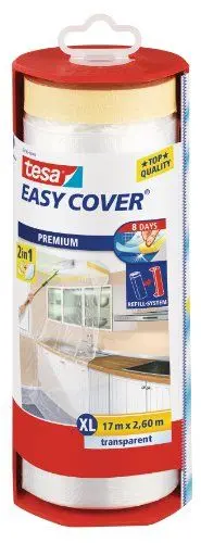 Produktbild: tesa Easy Cover Premium Abdeckfolie für Malerarbeiten - 2 in1 Malerfolie zum Abdecken und Kreppband zum Abkleben - Nachfüllbar, mit Abroller - 17 m x 260 cm