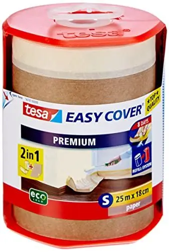 Produktbild: tesa Easy Cover Premium Abdeckfolie für Malerarbeiten - 2 in1 Malerfolie zum Abdecken und Kreppband zum Abkleben - Nachfüllbar, mit Abroller - 25 m x 18 cm