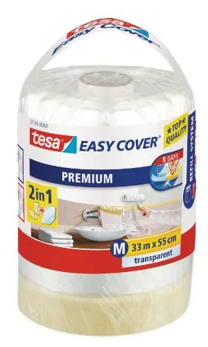Produktbild: tesa Easy Cover Premium Abdeckfolie für Malerarbeiten – Nachfüllrolle – 2 in1 Malerfolie und Malerband – Ersatz-Rolle für Abroller – 33 m x 55 cm