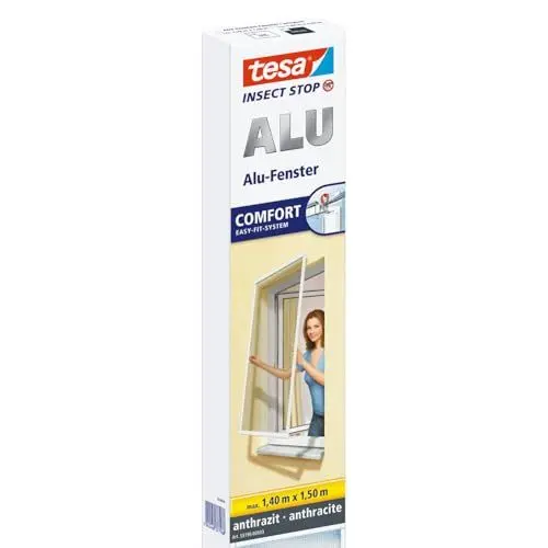 Produktbild: tesa Insect Stop ALU Comfort Fliegengitter für Fenster - Insektenschutz mit Rahmen aus Aluminium - Fliegen Netz ohne Bohren - Anthrazit, 140 cm x 150 cm