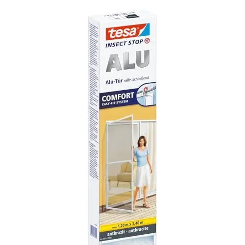 Produktbild: tesa Insect Stop ALU COMFORT Fliegengitter für Türen XL - Insektengitter mit Aluminium-Rahmen & Clear View - Tür Insektenschutz - Anthrazit, 120 cm x 240 cm