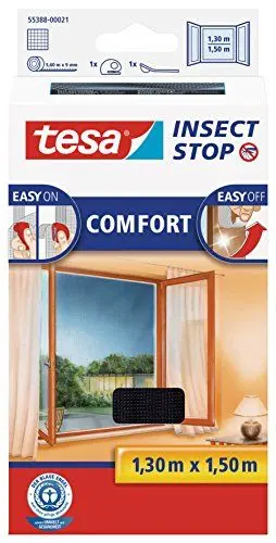 Produktbild: tesa Insect Stop Comfort Fliegengitter für Fenster - Insektenschutz mit Klettband selbstklebend - Fliegen Netz ohne Bohren - anthrazit (durchsichtig), 130 cm x 150 cm