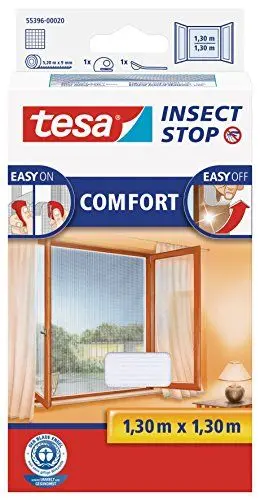 Produktbild: tesa Insect Stop Comfort Fliegengitter für Fenster - Insektenschutz mit Klettband selbstklebend - Fliegen Netz ohne Bohren - weiß (Leichter sichtschutz), 130 cm x 130 cm