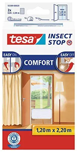 Produktbild: tesa Insect Stop COMFORT Fliegengitter für Türen - Insektenschutz Tür mit Klettband - Fliegen Netz ohne Bohren - Weiß (2 x 65 cm)120 cm x 220 cm