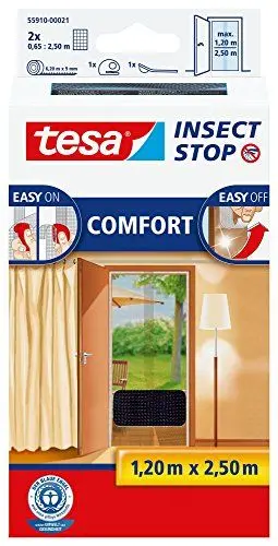 Produktbild: tesa Insect Stop COMFORT Fliegengitter für Türen - Insektenschutz Tür mit Klettband - Fliegen Netz ohne Bohren, anthrazit (2 x 65 cm)120 cm x 250 cm