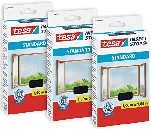 Produktbild: tesa Insect Stop Standard Fliegengitter für Fenster im 3er Pack - Insektenschutz zuschneidbar - Mückenschutz ohne Bohren - 3 x Fliegen Netz anthrazit - 100 cm x 100 cm