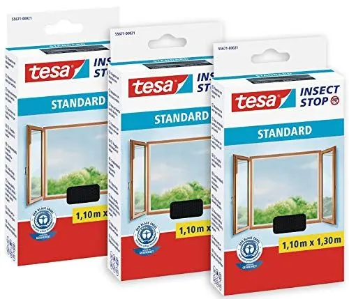 Produktbild: tesa Insect Stop Standard Fliegengitter für Fenster im 3er Pack - Insektenschutz zuschneidbar - Mückenschutz ohne Bohren - 3 x Fliegen Netz anthrazit - 110 cm x 130 cm