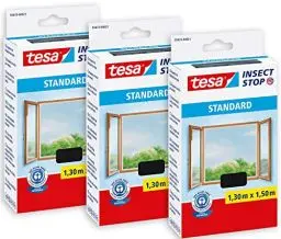 Produktbild: tesa Insect Stop Standard Fliegengitter für Fenster im 3er Pack - Insektenschutz zuschneidbar - Mückenschutz ohne Bohren - 3 x Fliegen Netz anthrazit - 1,3m:1,5m