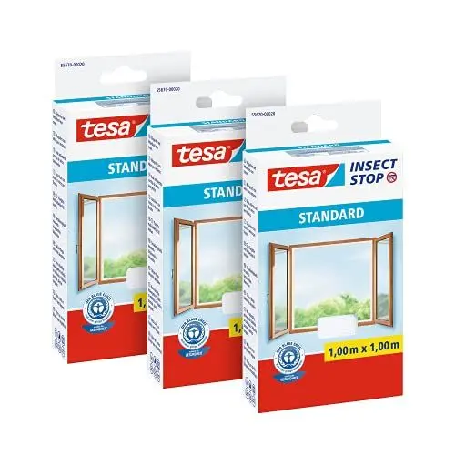 Produktbild: tesa Insect Stop STANDARD Fliegengitter für Fenster im 3er Pack - Insektenschutz zuschneidbar - Mückenschutz ohne Bohren - 3 x Fliegen Netz weiß - 100 cm x 100 cm