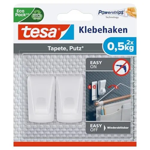 Produktbild: tesa Klebehaken Tapeten & Putz - selbstklebender Haken - ideal zur Befestigung von Girlanden & Lichterketten - hält bis zu 0,5kg/Haken - spurlos ablösbar