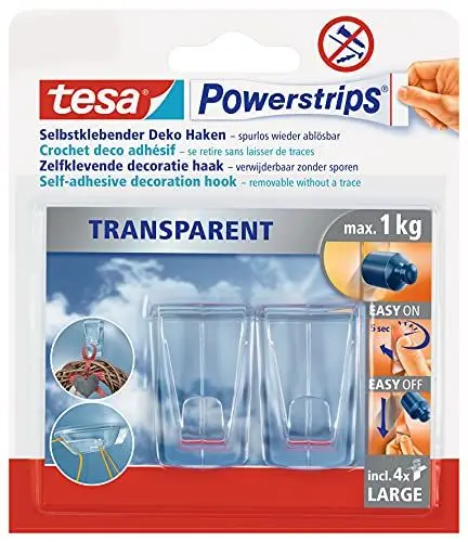 Produktbild: tesa Klebehaken für transparente Oberflächen und Glas (1 kg) - Durchsichtige, selbstklebende Haken - Bis zu 1 kg Halteleistung pro Haken, 2-er Pack