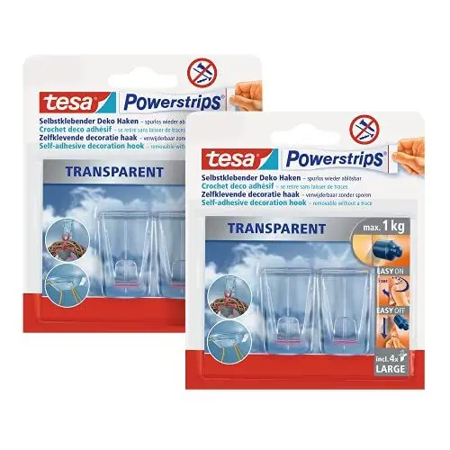 Produktbild: tesa Klebehaken für transparente Oberflächen und Glas (1 kg) im 2er Pack - Durchsichtige, selbstklebende Haken - Bis zu 1 kg Halteleistung pro