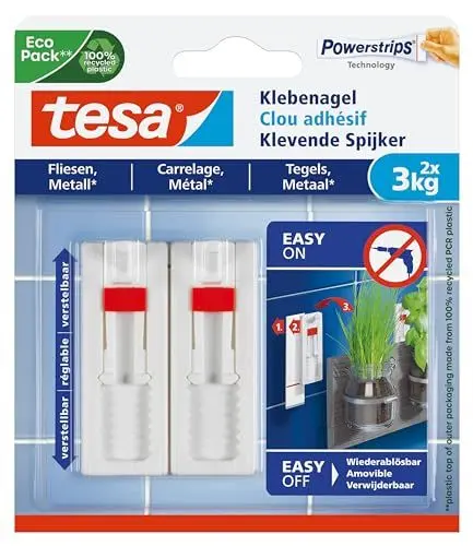 Produktbild: tesa Klebenagel Fliesen&Metalll, verstellbar, 2 Stück - anpassbarer Klebenagel für glatte und feste Oberflächen in Bad und Küche, 3 kg Haltekraft - ablösbar und wiederverwendbar