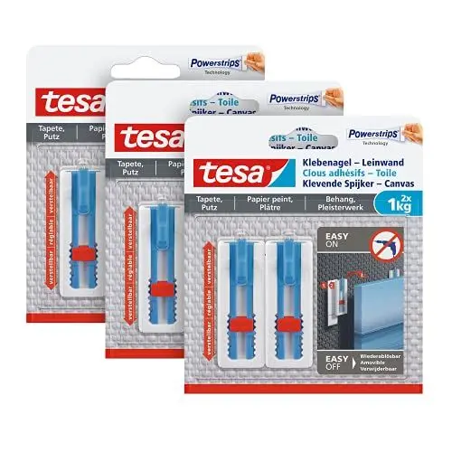 Produktbild: tesa Klebenagel Tapeten & Putz 1kg im 3er Pack - höhenverstellbar - selbstklebender Nagel - ideal für Leinwand & Keilrahmen - hält bis 1kg/Nagel - spurlos ablösbar