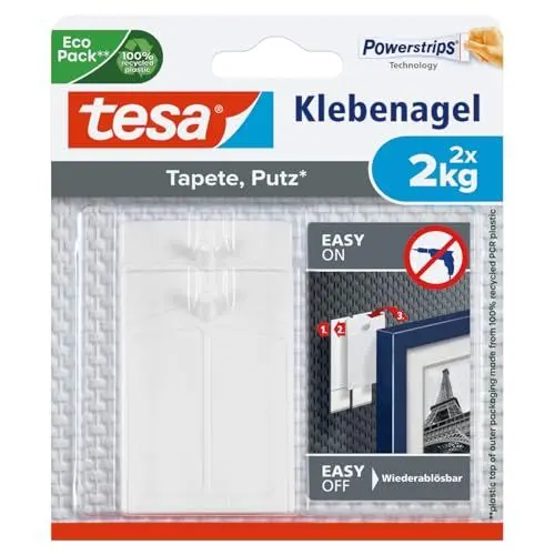 Produktbild: tesa Klebenagel für Tapeten und Putz / Selbstklebende Nägel für empfindliche Oberflächen / Leicht anzubringen und zu entfernen - Rückstandslos / 2 x 2kg Halteleistung