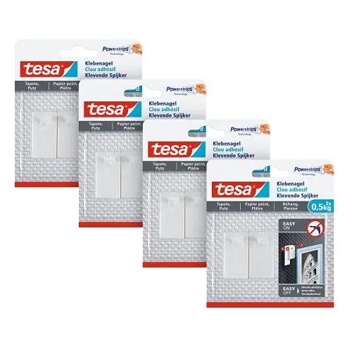 Produktbild: tesa Klebenagel für Tapeten und Putz 0,5kg im 4er Pack - Selbstklebende Nägel für empfindliche Oberflächen - rückstandslos - Bis zu 0,5 kg Halteleistung pro Nagel - 4x 2 Klebenägel