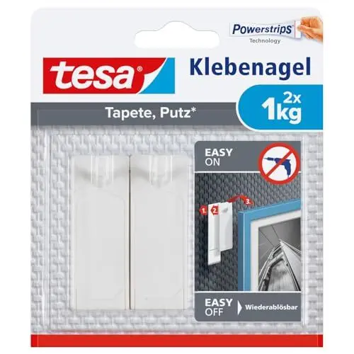 Produktbild: tesa Klebenagel für Tapeten und Putz 1kg - Selbstklebende Nägel für empfindliche Oberflächen - rückstandslos - Bis zu 1 kg Halteleistung pro Nagel - 2 Klebenägel