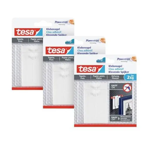 Produktbild: tesa Klebenagel für Tapeten und Putz 2kg im 3er Pack - Selbstklebende Nägel für empfindliche Oberflächen - rückstandslos - bis zu 2kg Halteleistung pro Nagel - 3 x 2 Klebenägel