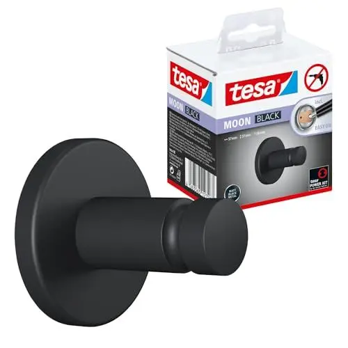 Produktbild: tesa MOON BLACK Handtuchhaken, matt schwarz, für Bad & WC - für Bäder im Industrial Style und moderne Badezimmer - bohrfrei, inkl. Klebelösung - 37 mm x 37 mm x 36 mm