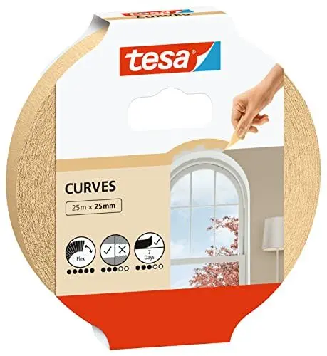 Produktbild: tesa Malerband KURVEN - Kurvenband mit extra starkem Krepp zum Abkleben von Rundungen und unregelmäßigen Formen - für raue und glatte Oberflächen - 25 m x 25 mm