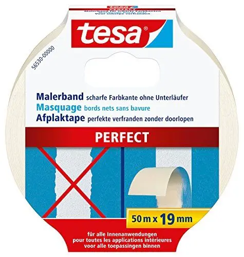 Produktbild: tesa Malerband PERFECT – Dünnes Abdeckband für präzises Abkleben im Innenbereich – aus ungekrepptem Spezialpapier – 50 m x 19 mm