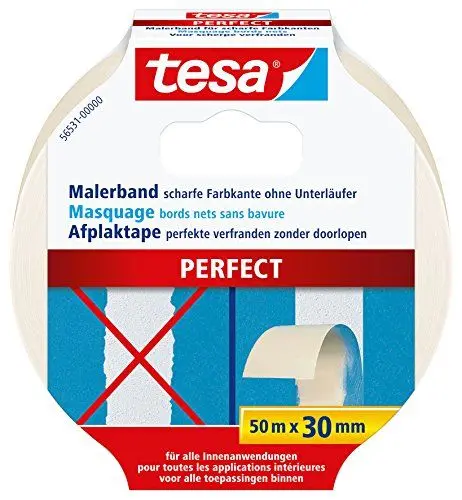 Produktbild: tesa Malerband PERFECT – Dünnes Abdeckband für präzises Abkleben im Innenbereich – aus ungekrepptem Spezialpapier – 50 m x 30 mm