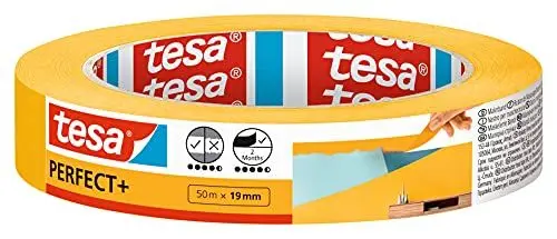Produktbild: tesa Malerband Perfect+ - Malerkrepp aus dünnem Washi-Papier zum präzisen Abkleben bei Malerarbeiten - für den Innenbereich - 50 m x 19mm, Gelb