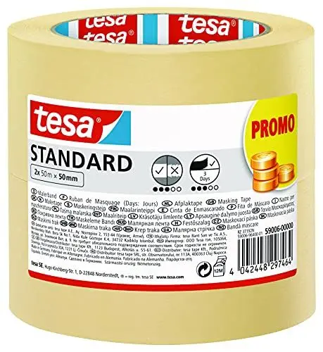 Produktbild: tesa Malerband Standard - 2er Pack - Malerabdeckband mit starker Haftung zum Abkleben bei Malerarbeiten - lösungsmittelfrei - 2 x 50 m x 50 mm