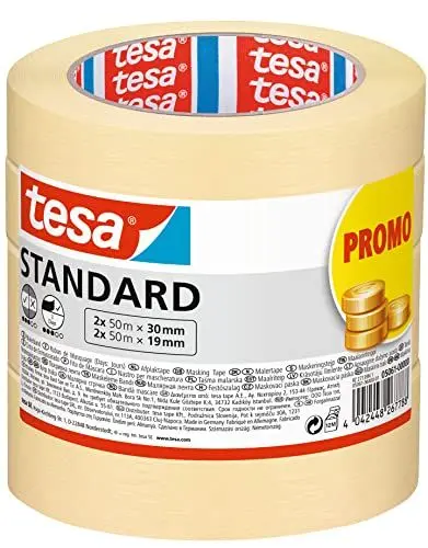 Produktbild: tesa Malerband Standard - 4er Pack - Malerabdeckband mit starker Haftung zum Abkleben bei Malerarbeiten - lösungsmittelfrei - 2 x 50m x 19mm + 2x 50m x 30mm