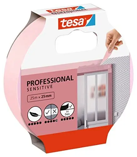 Produktbild: tesa Malerband TAPETEN – Dünnes Abdeckband für präzises Abkleben – geeignet für empfindlichen Oberflächen im Innenbereich – 25 m x 25 mm