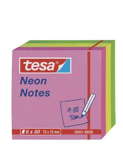 Produktbild: tesa Notes Haftnotizen neon, lösungsmittelfrei, stark haftend, rückstandsfrei ablösbar, 6 x 80 Blatt, grün/gelb/pink, 75 mm x 75 mm